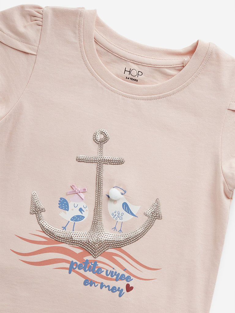 HOP Kids Peach Embellished Anchor Cotton T-Shirt