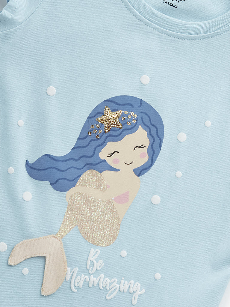 HOP Kids Light Blue Mermaid Design Cotton T-Shirt