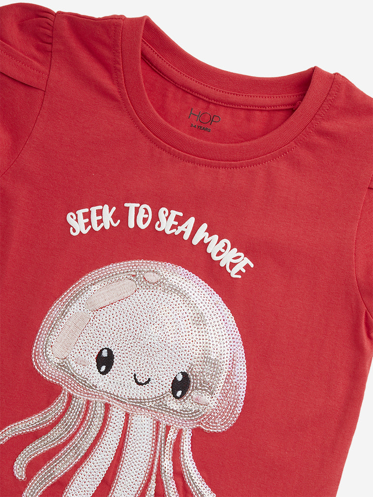 HOP Kids Red Embellished Cotton T-Shirt