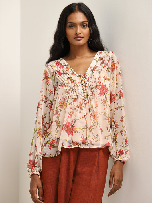 LOV Light Peach Floral Printed Blouse with Camisole
