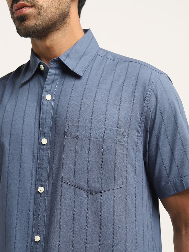 WES Casuals Dusty Blue Pinstriped Relaxed-Fit Cotton Shirt