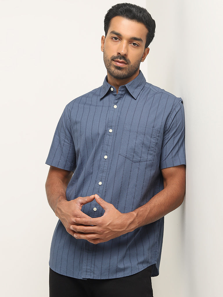 WES Casuals Dusty Blue Pinstriped Relaxed-Fit Cotton Shirt