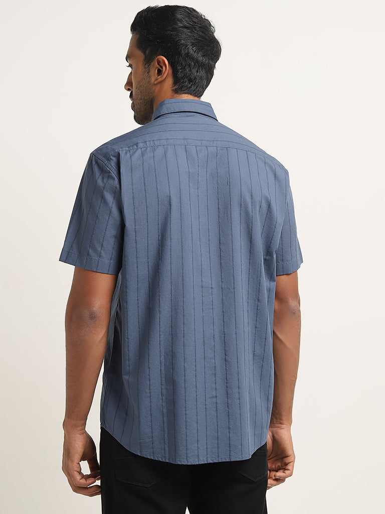 WES Casuals Dusty Blue Pinstriped Relaxed-Fit Cotton Shirt