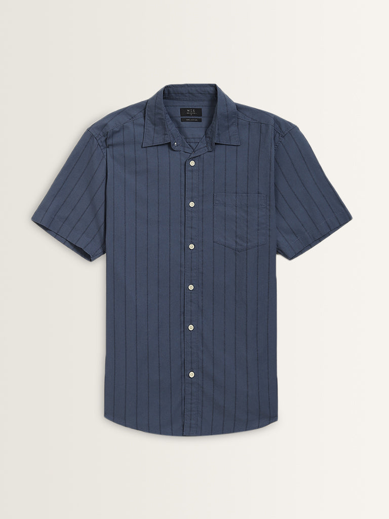 WES Casuals Dusty Blue Pinstriped Relaxed-Fit Cotton Shirt