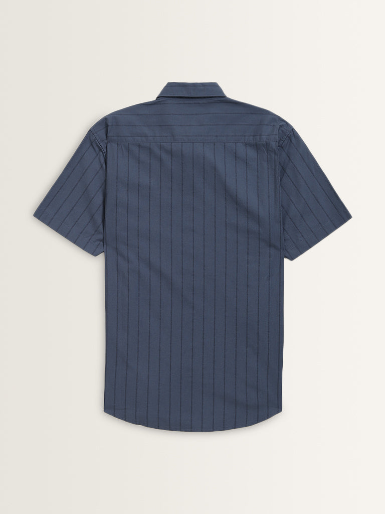 WES Casuals Dusty Blue Pinstriped Relaxed-Fit Cotton Shirt