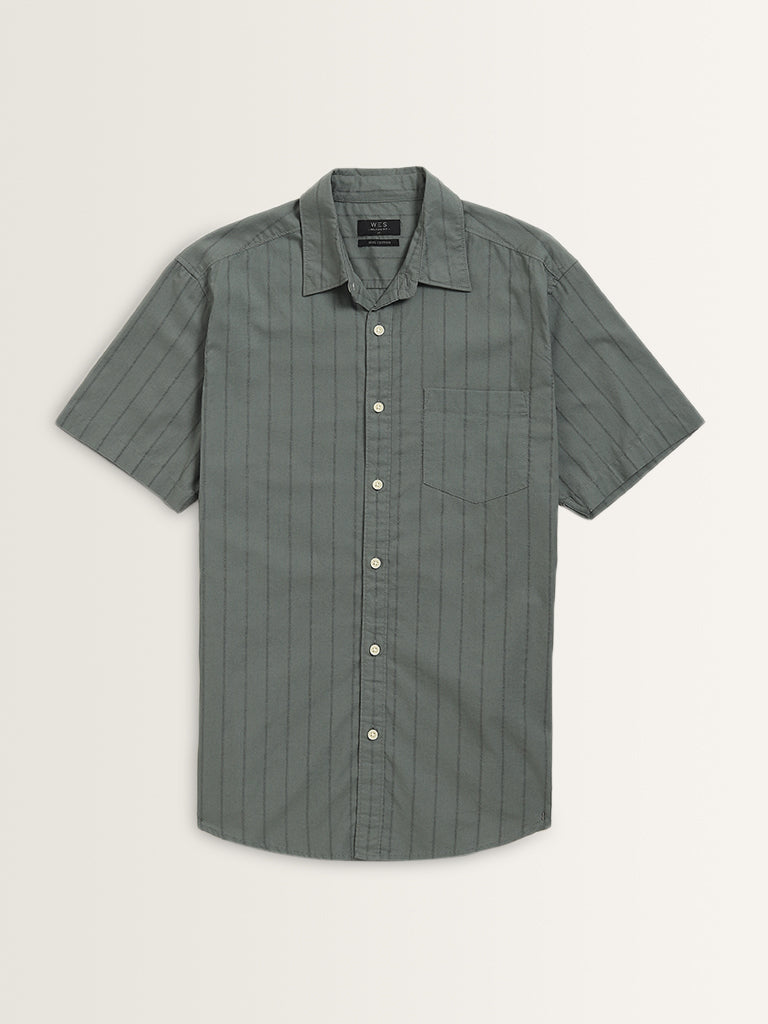 WES Casuals Light Olive Pinstriped Relaxed-Fit Cotton Shirt