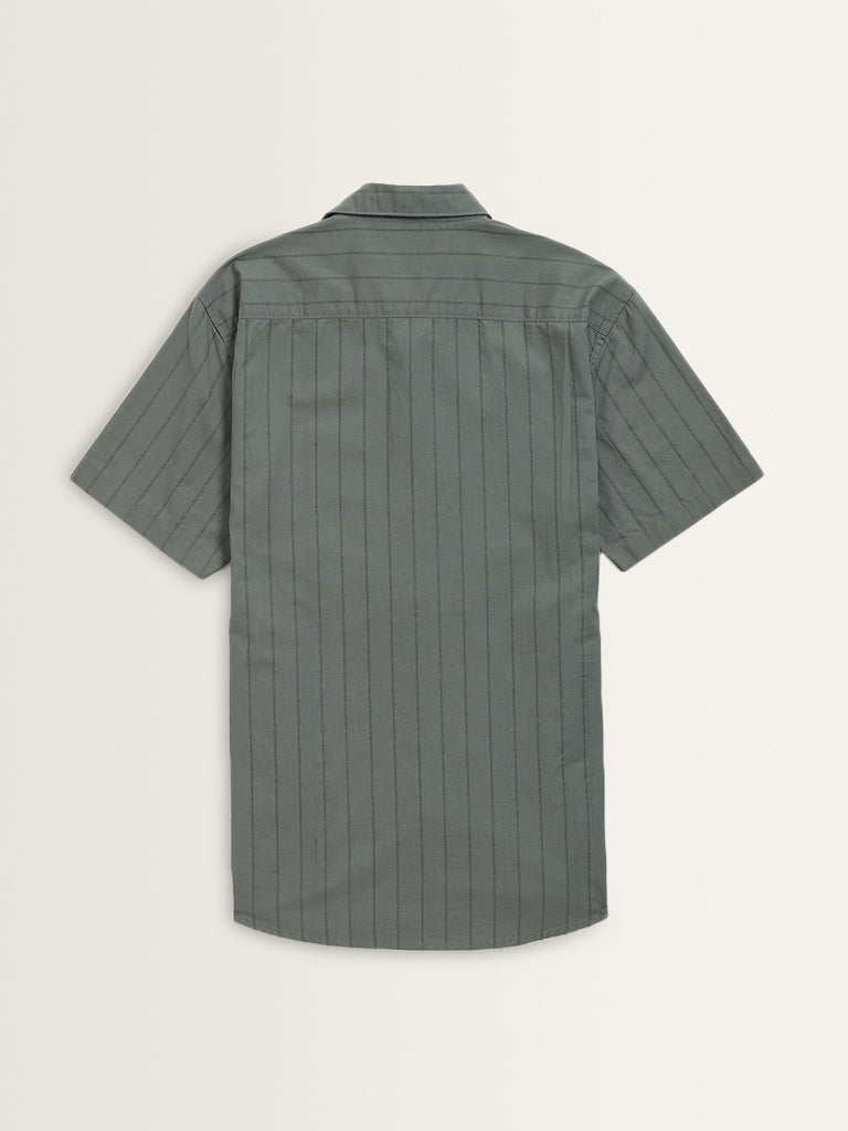 WES Casuals Light Olive Pinstriped Relaxed-Fit Cotton Shirt