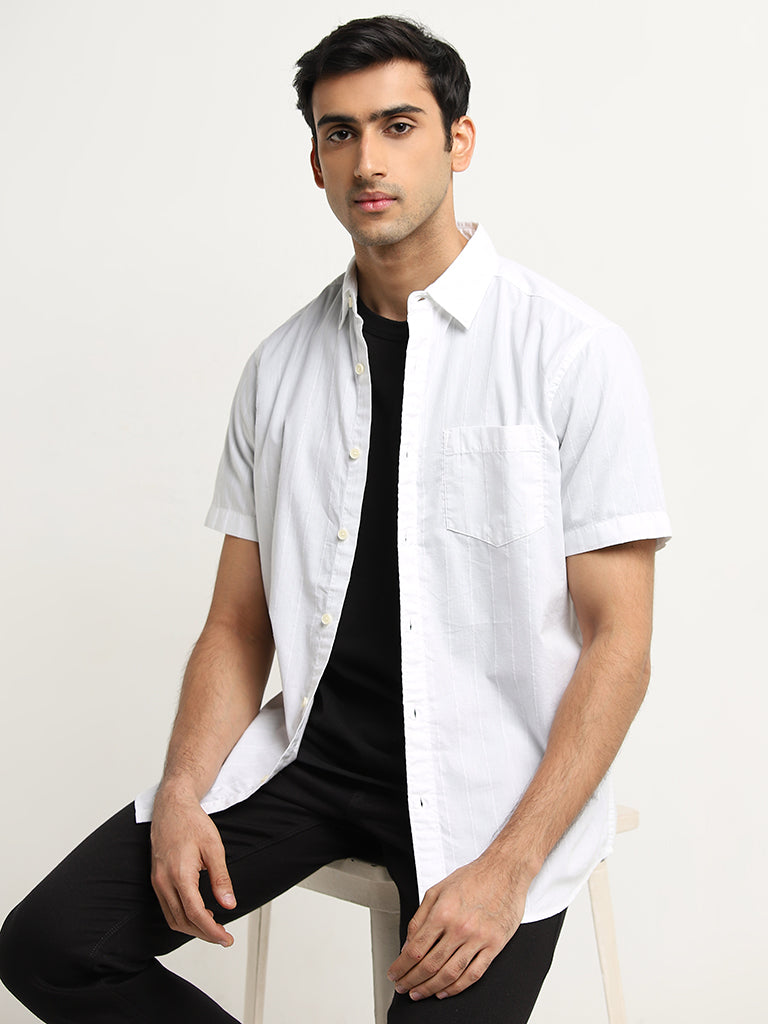 WES Casuals White Striped Relaxed-Fit Cotton Shirt