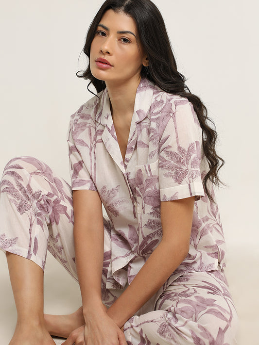 Wunderlove Lilac Cotton Shirt & High-Rise Pyjamas Set