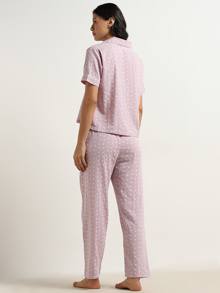 Wunderlove Lilac Polka Dotted Cotton Shirt with Pyjamas Set