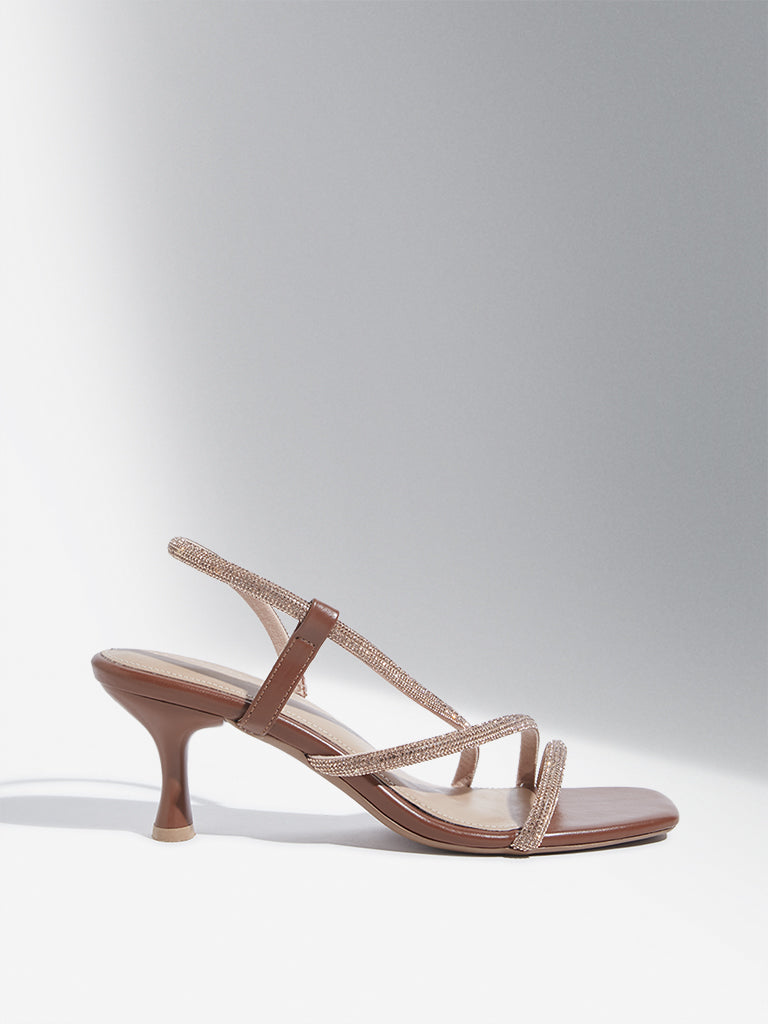 LUNA BLU Tan Embellished Multi-Strap Heel Sandals