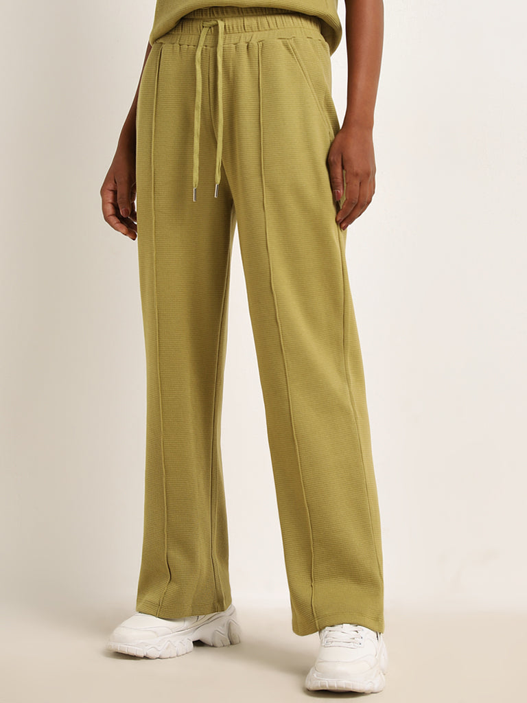 Studiofit Olive Textured High-Rise Cotton Track Pants