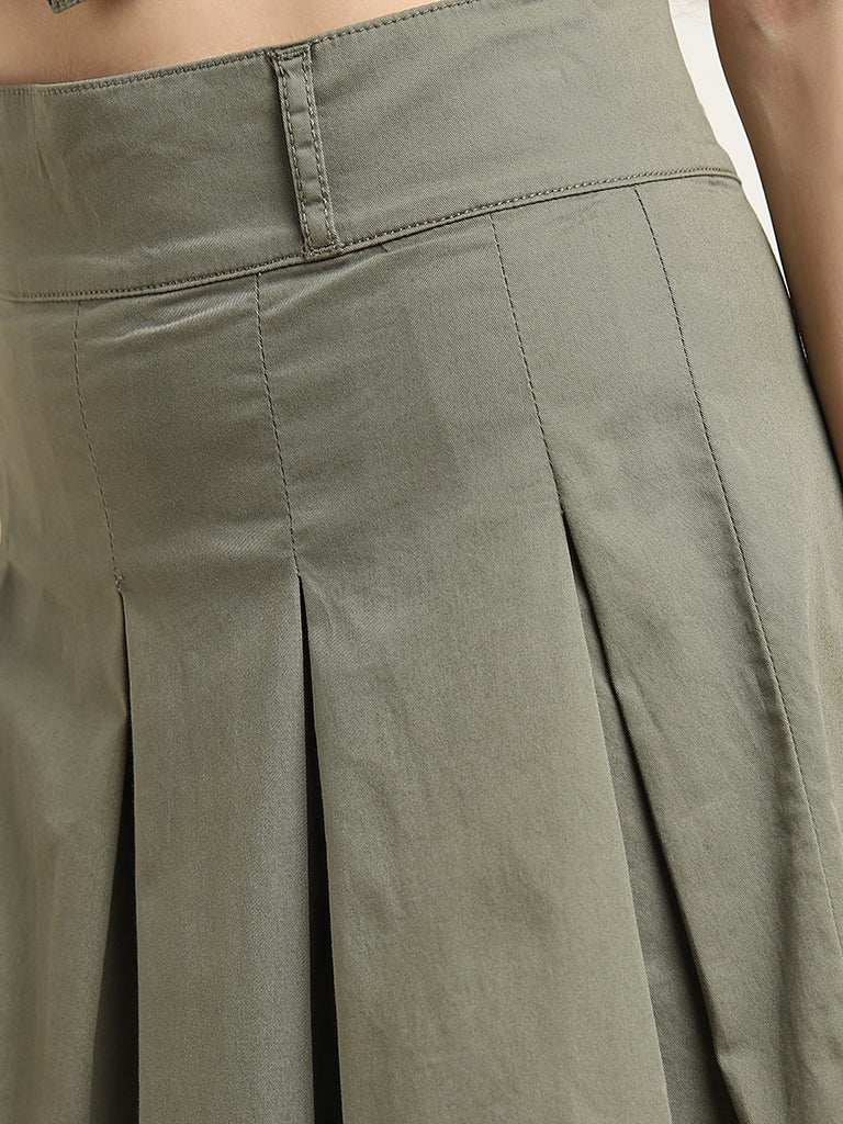 Nuon Olive Pleated High-Rise Cotton Blend Skirt