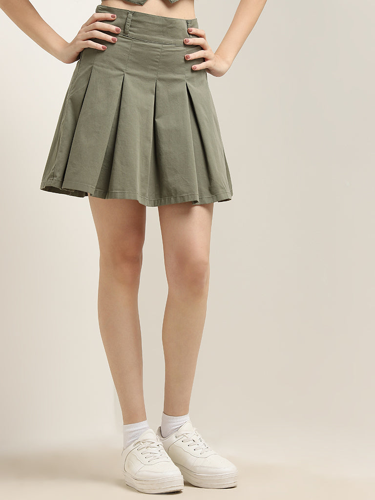 High waist pleated skirt green best sale