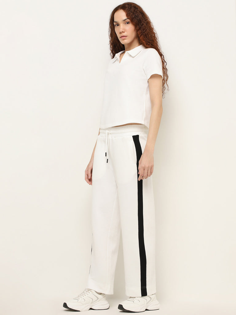 Studiofit Off-White Textured High-Rise Cotton Track Pants