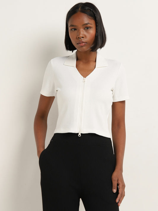 Studiofit Off-White Ribbed Cotton Blend Top