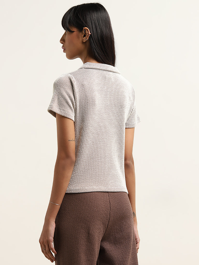 Studiofit Brown Ribbed Textured Cotton T-Shirt