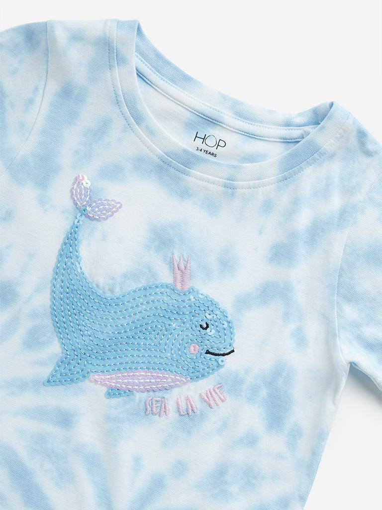 HOP Kids Blue Tie-Dye Dolphin Embellished Cotton T-Shirt