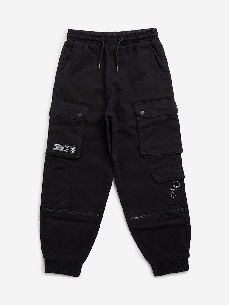 Y&F Kids Black Cargo-Style Mid-Rise Cotton Blend Joggers