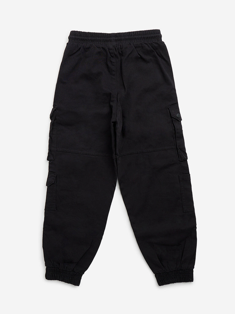 Y&F Kids Black Cargo-Style Mid-Rise Cotton Blend Joggers