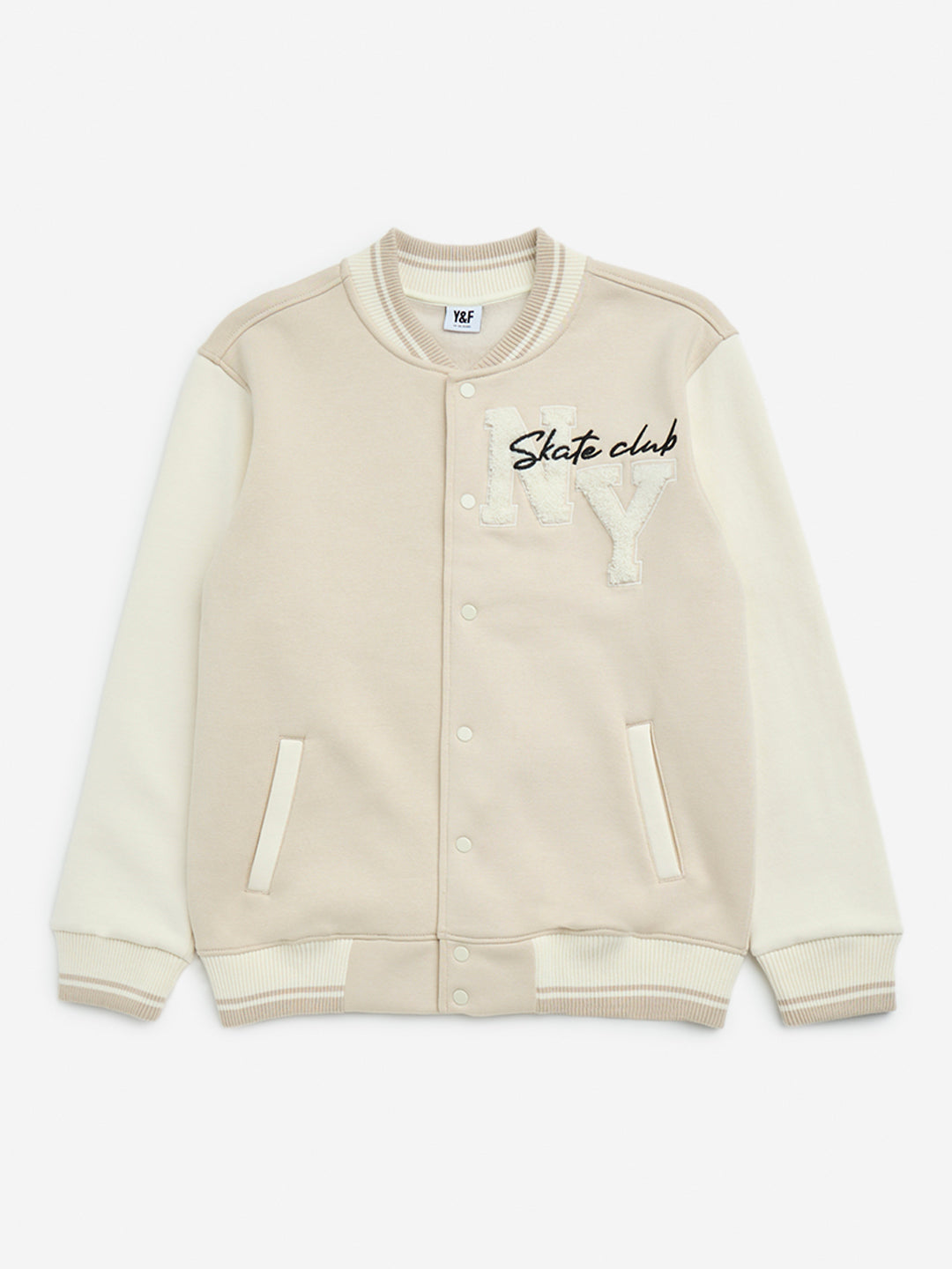 Y&F Kids Beige Text Design Cotton-Blend Varsity Jacket