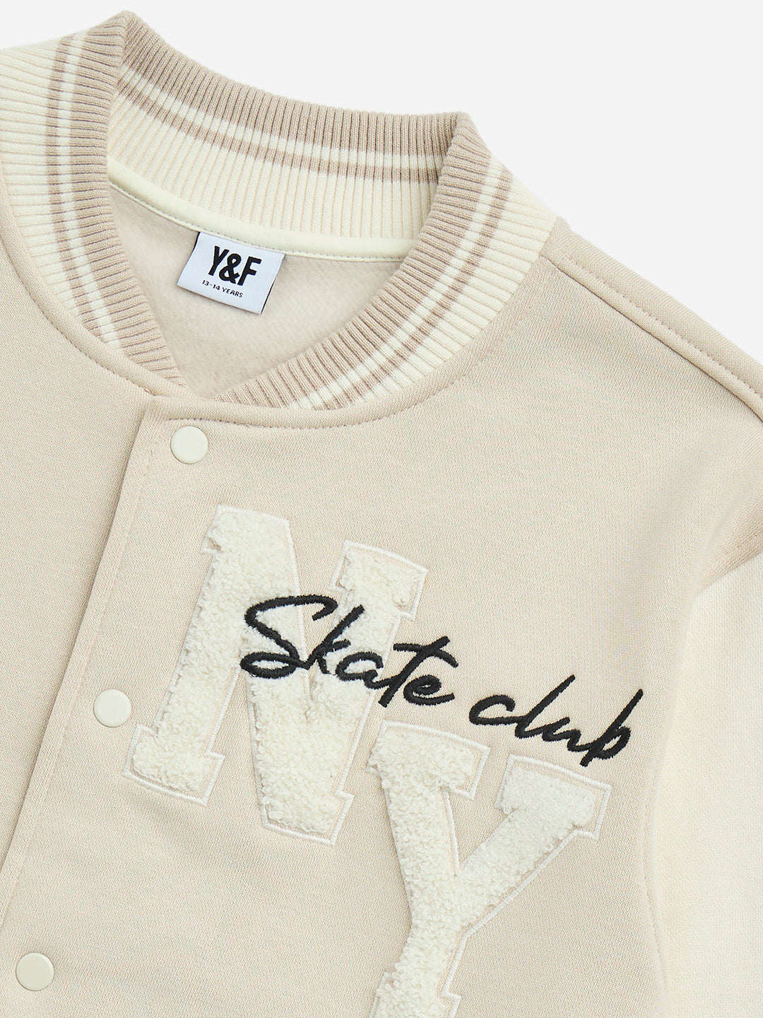 Y&F Kids Beige Text Design Cotton-Blend Varsity Jacket