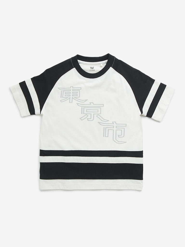 Y&F Kids Off-White Japanese Text Printed Cotton T-Shirt