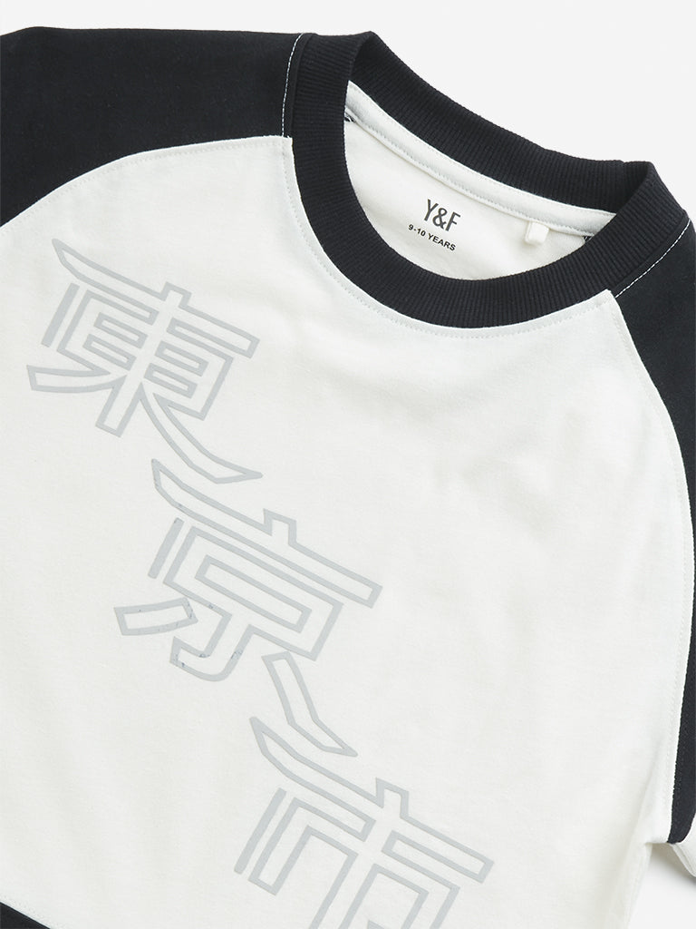 Y&F Kids Off-White Japanese Text Printed Cotton T-Shirt