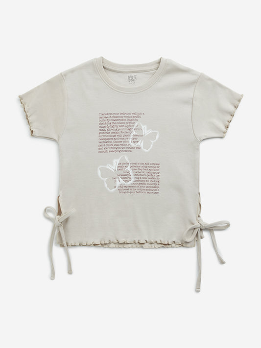 Y&F Kids Light Beige Typographic Print Cotton T-Shirt