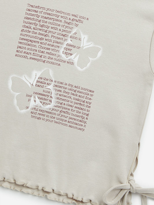 Y&F Kids Light Beige Typographic Print Cotton T-Shirt