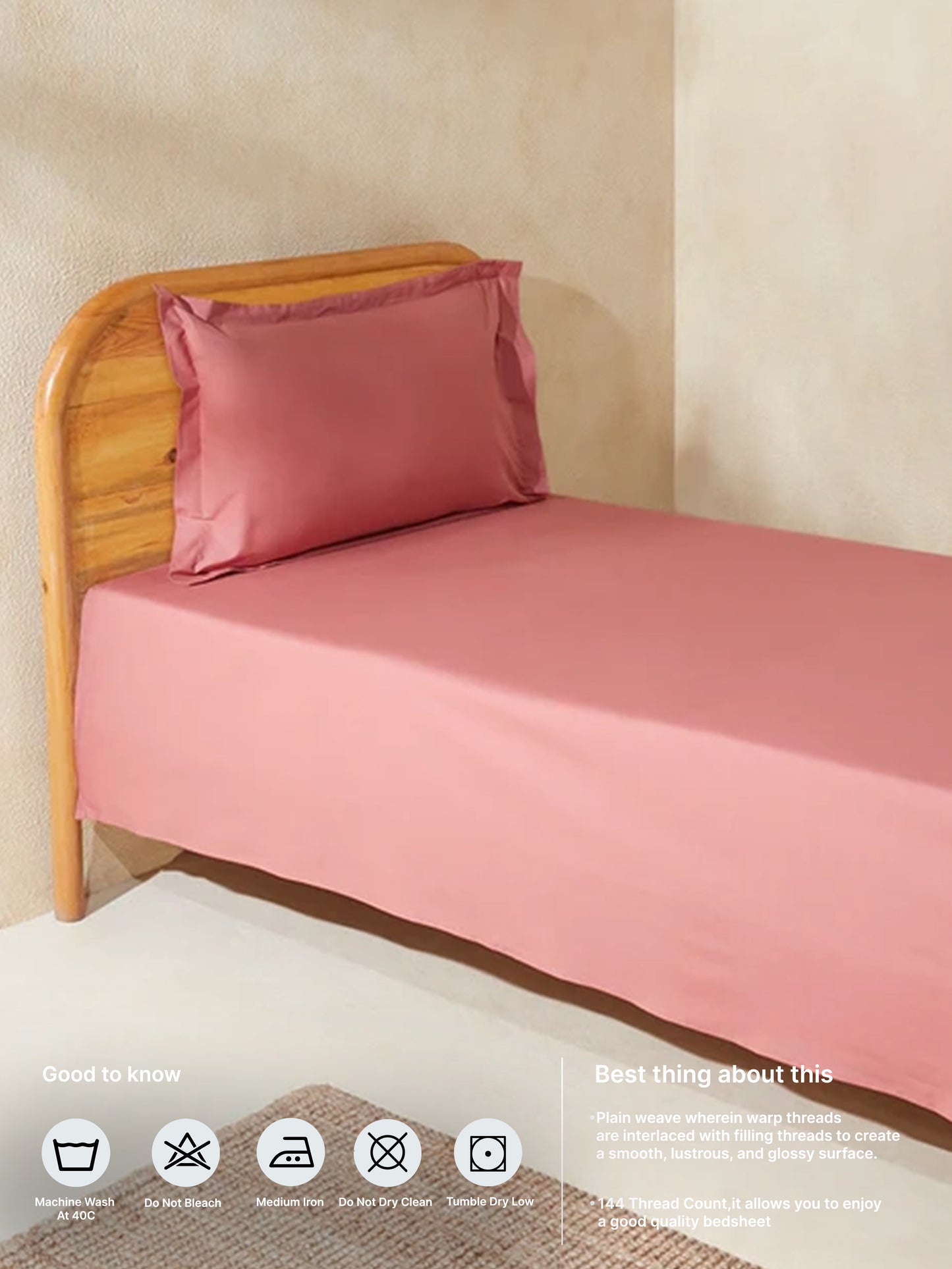 Westside Home Dusty Rose Single Bed Flat Sheet and Pillowcase Set