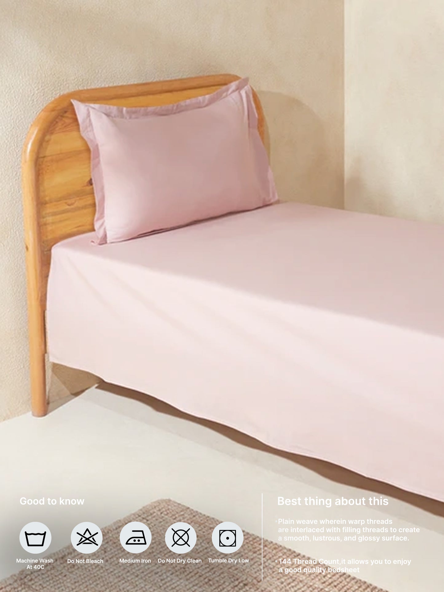 Westside Home Pink Solid Single Bed Flat Sheet and Pillowcase Set