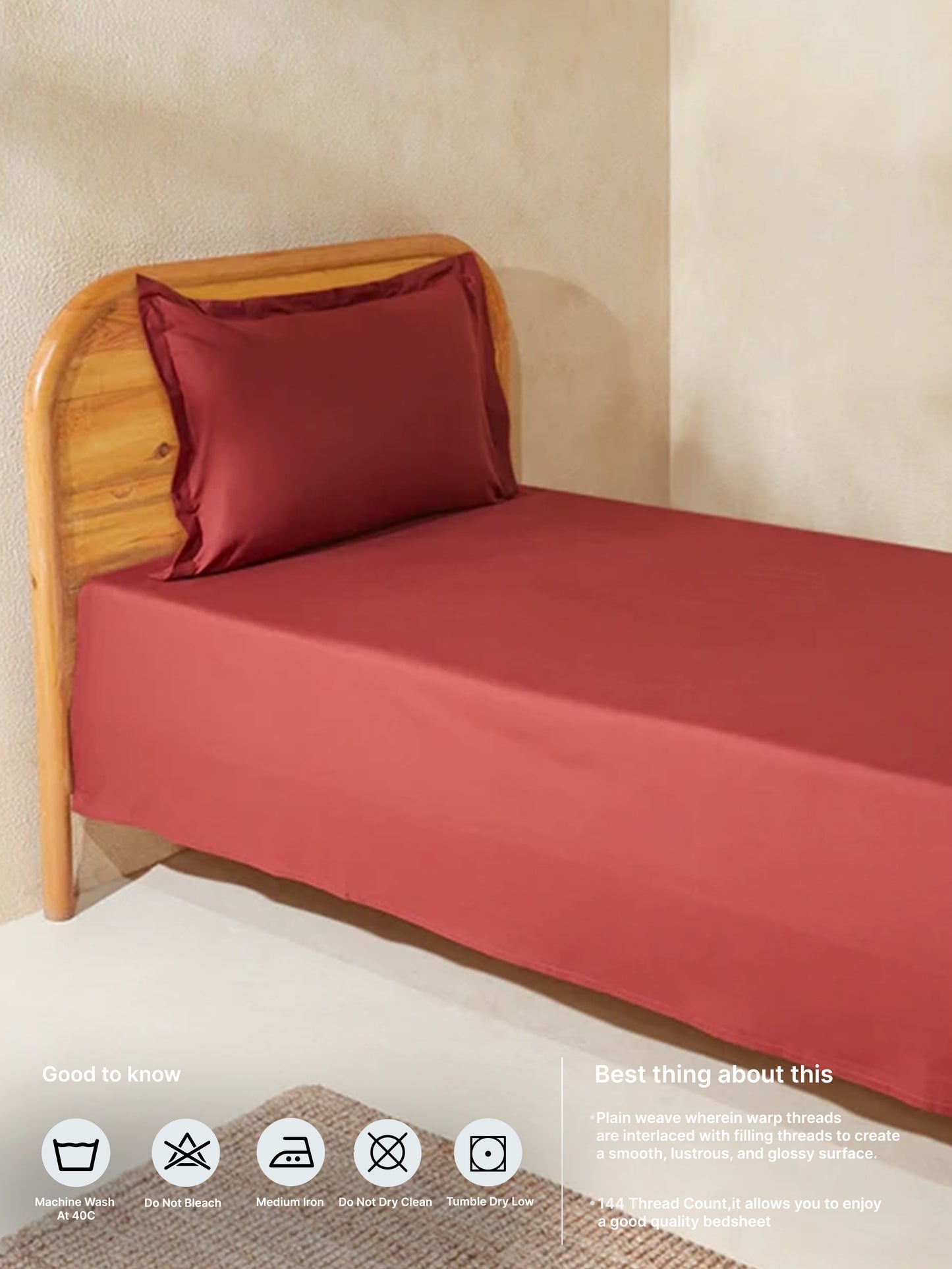 Westside Home Dark Red Solid Single Bed Flat Sheet and Pillowcase Set