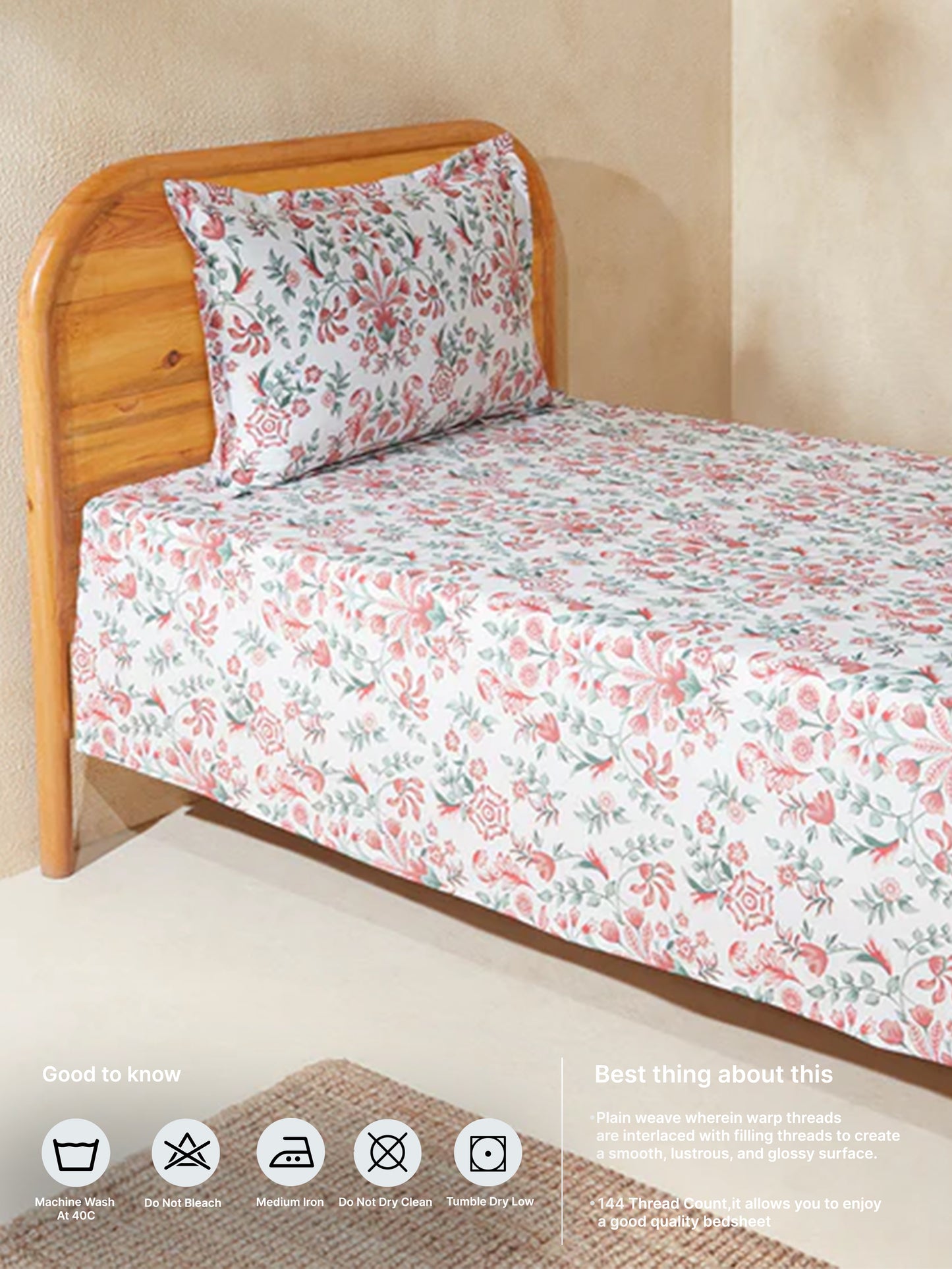 Westside Home Pink Floral Single Bed Flat Sheet and Pillowcase Set