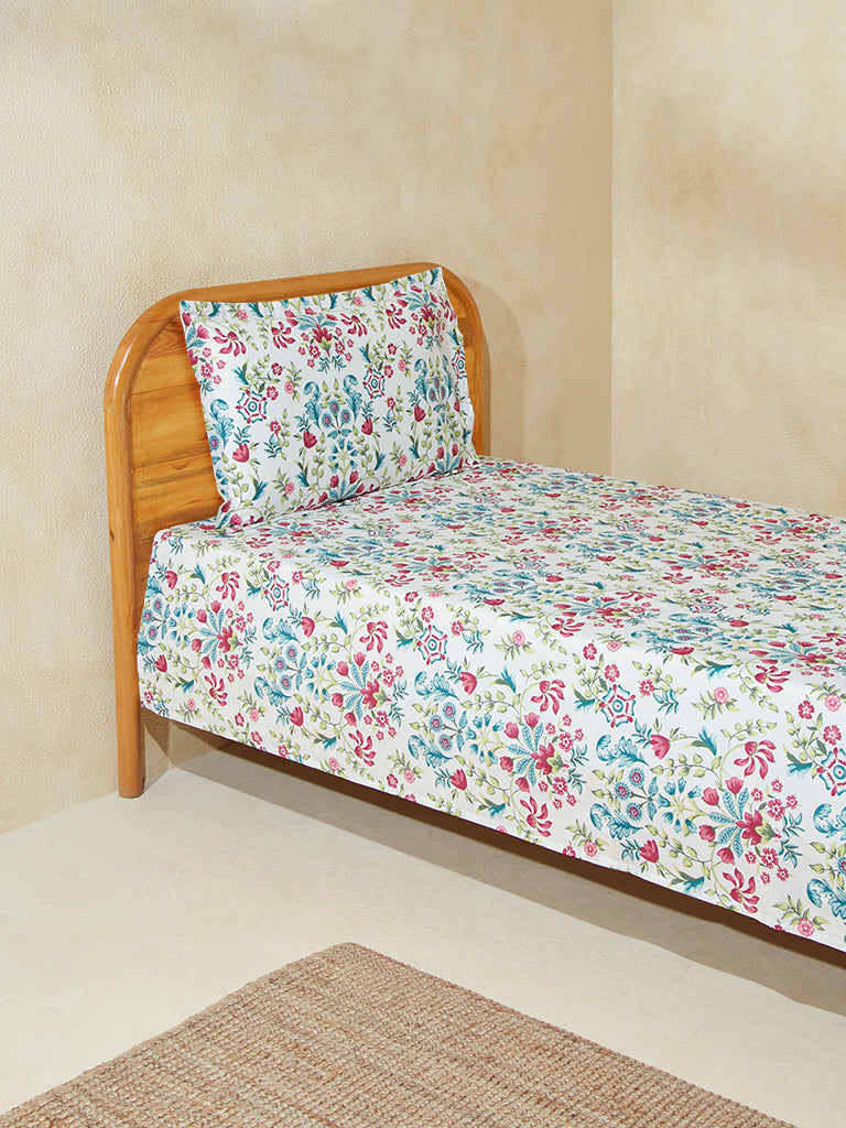 Westside Home Teal Floral Single Bed Flat Sheet and Pillowcase Set