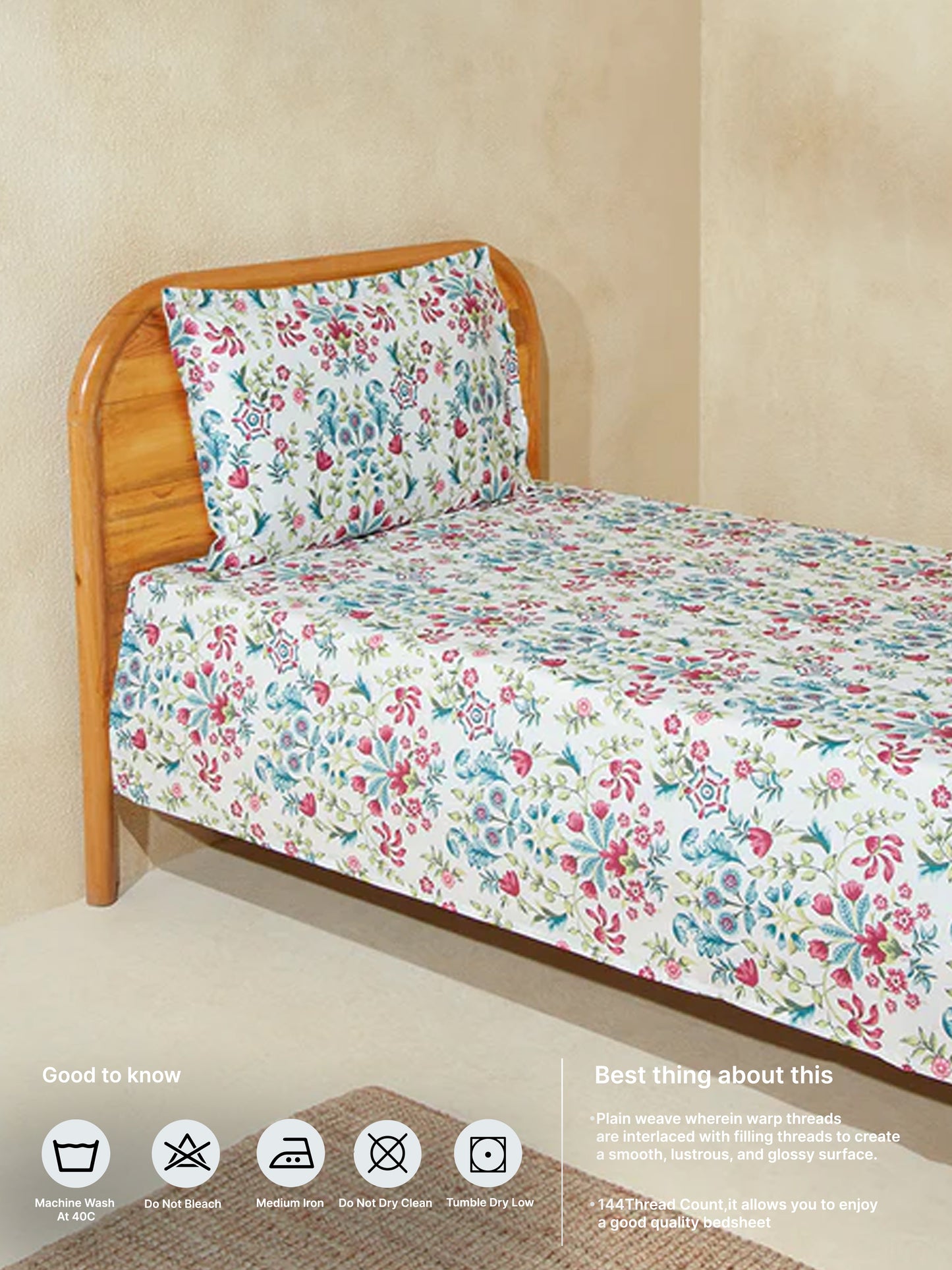 Westside Home Teal Floral Single Bed Flat Sheet and Pillowcase Set