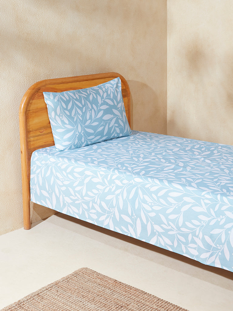 Westside Home Aqua Leaf Design Single Bed Flat Sheet and Pillowcase Set