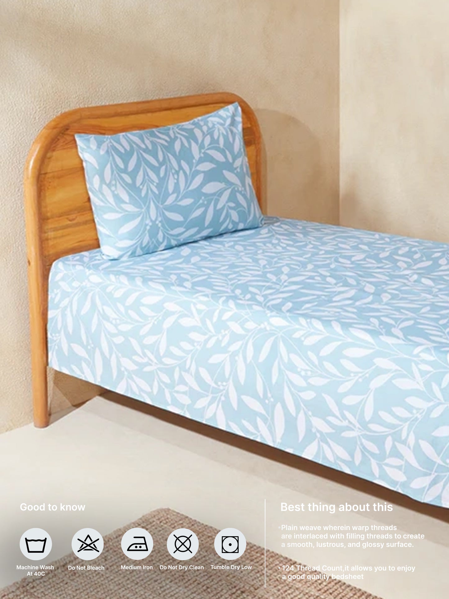 Westside Home Aqua Leaf Design Single Bed Flat Sheet and Pillowcase Set