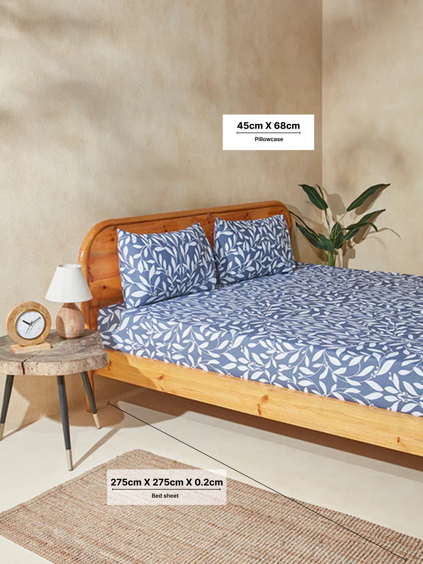 Westside Home Dark Blue Leaf Design King Bed Flat Sheet and Pillowcase Set