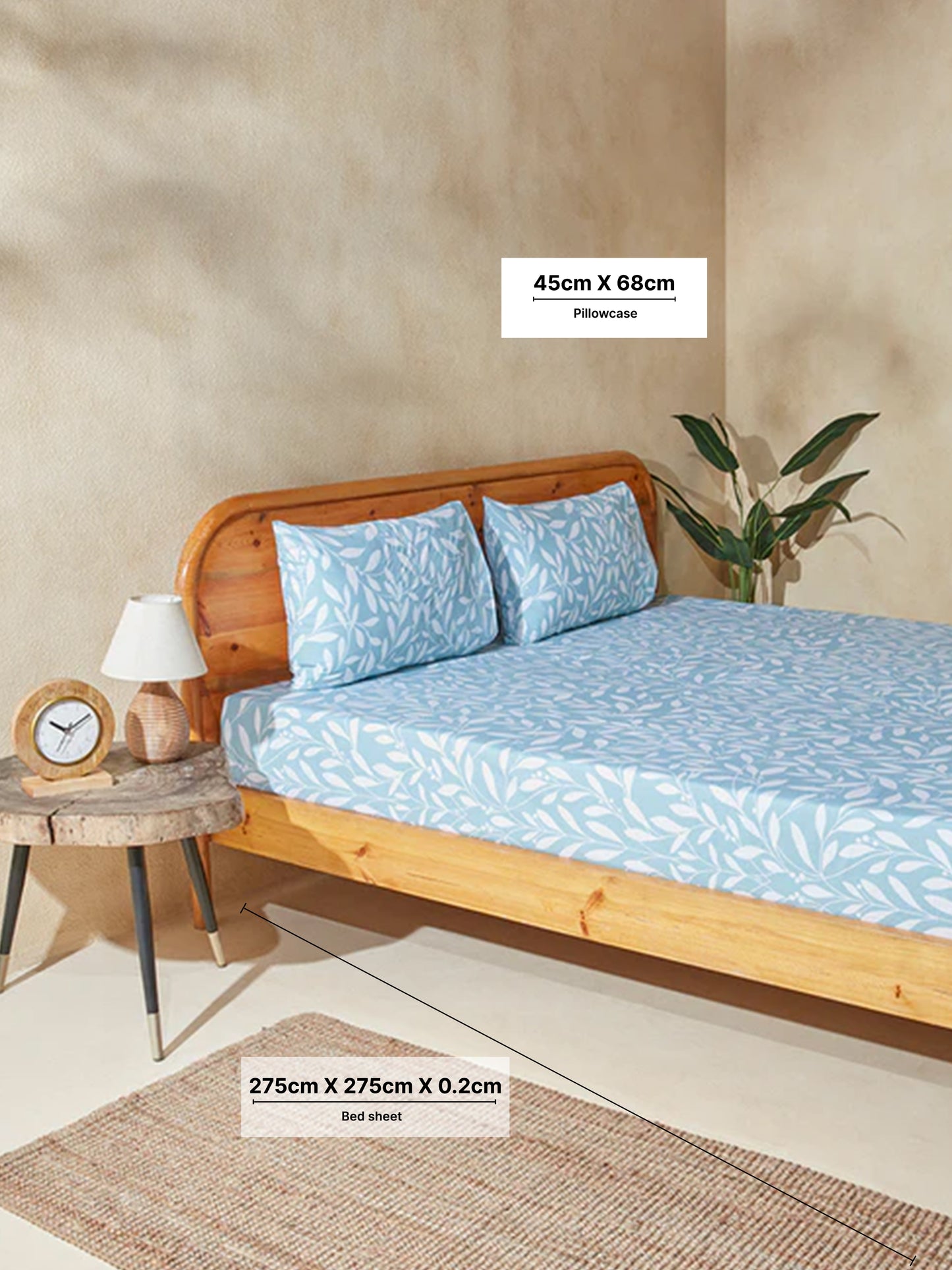 Westside Home Aqua Leaf Design King Bed Flat Sheet and Pillowcase Set