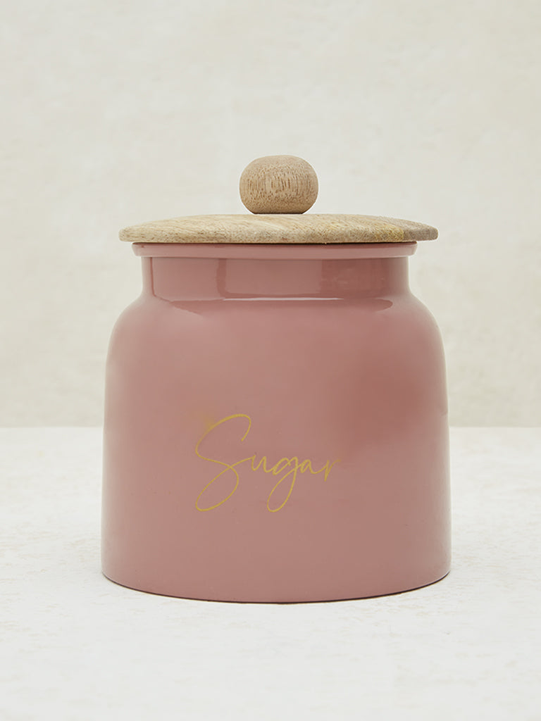 Westside Home Pink Text Design Sugar Jar with Wooden Lid