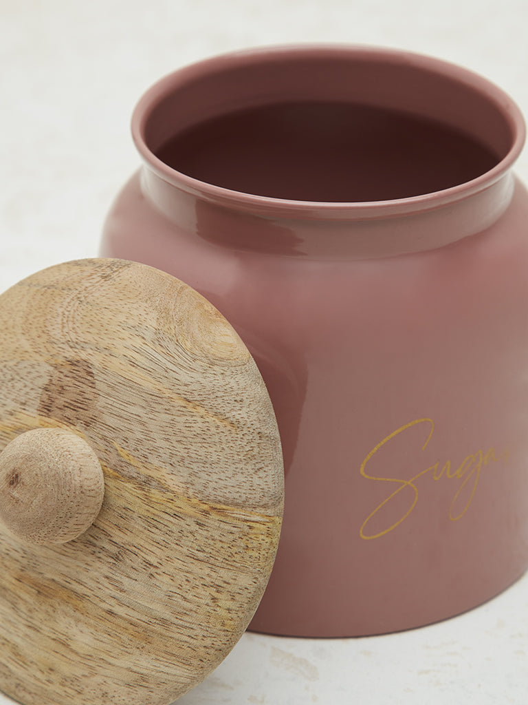 Westside Home Pink Text Design Sugar Jar with Wooden Lid