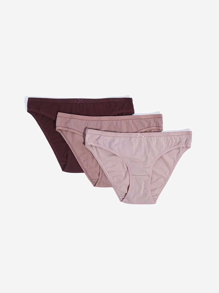 Wunderlove Burgundy Bikini Cotton Blend Briefs - Pack of 3