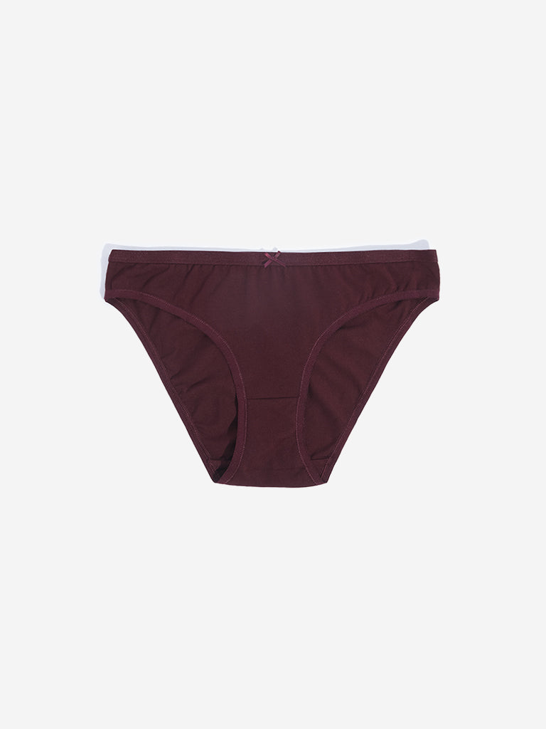 Wunderlove Burgundy Bikini Cotton Blend Briefs - Pack of 3