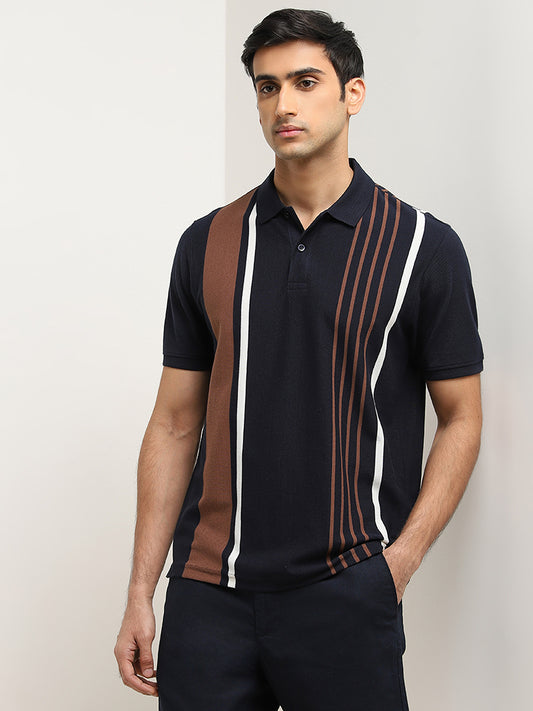 WES Casuals Navy Stripe Print Relaxed-Fit Polo T-Shirt