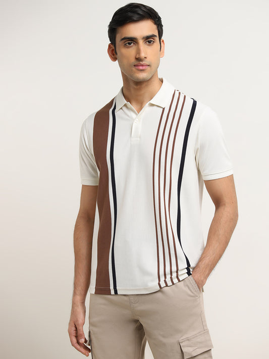 WES Casuals Off-White Striped Relaxed-Fit Polo T-Shirt