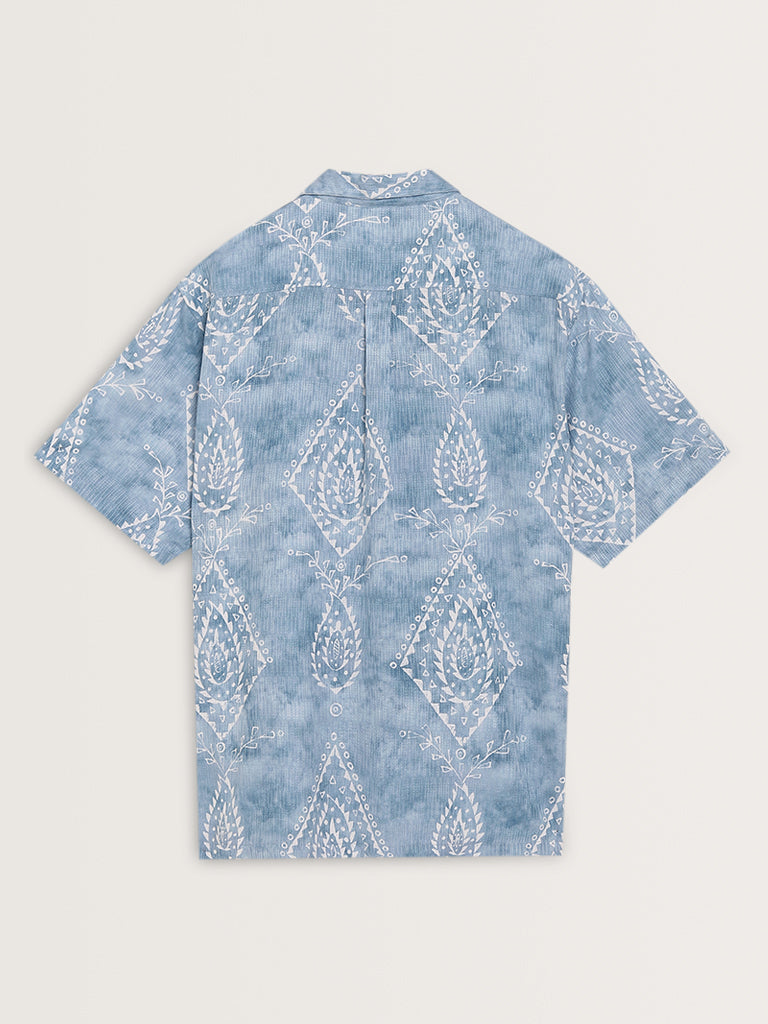 ETA Blue Printed Relaxed-Fit Cotton Shirt