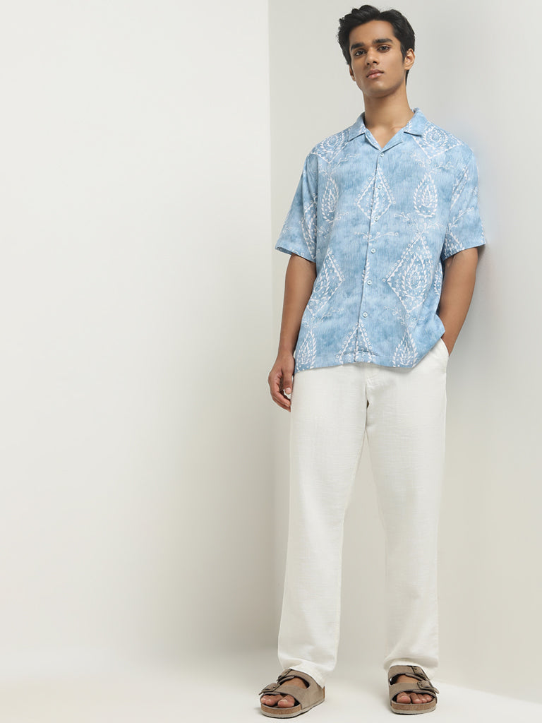 ETA Blue Printed Relaxed-Fit Cotton Shirt