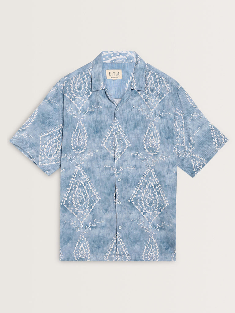 ETA Blue Printed Relaxed-Fit Cotton Shirt