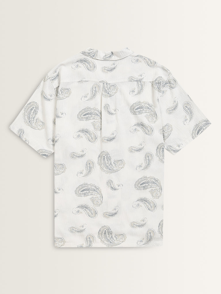 ETA White Paisley Printed Relaxed-Fit Blended Linen Shirt